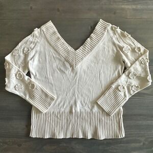 Kenko Off White Plunging V Knit‎ Longsleeve Embroidered Floral Womens Size M